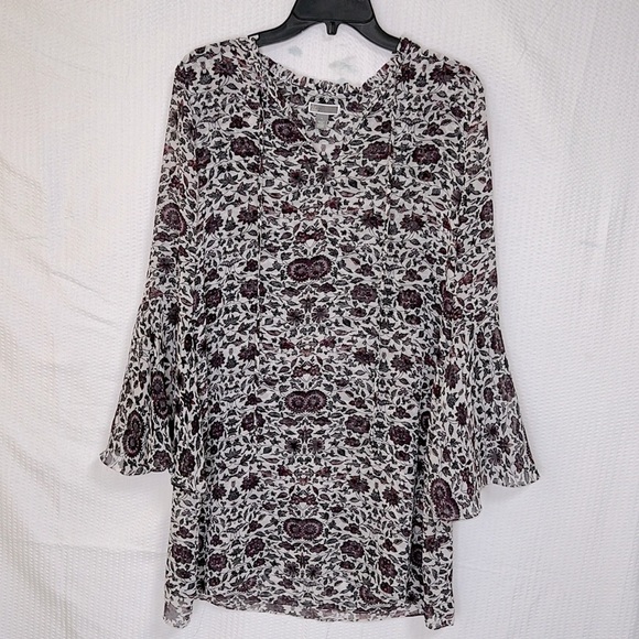 Chelsea28 Bell Sleeve Floral Split Tie Neck Sheer Dress Cover-Up - Size Small - Picture 3 of 9